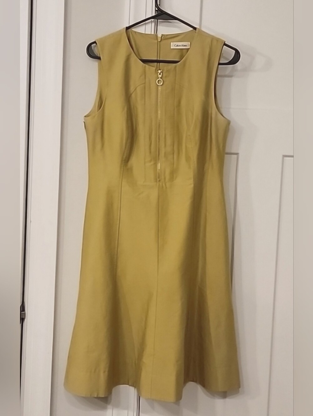Calvin Klein Green/Yellow Fit & Flare Midi Dress with Front Gold Zip